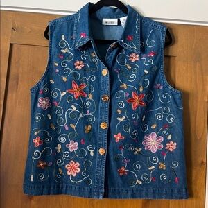 VTG Units Heavily Embroidered Floral Denim Vest Top Womens L Bohemian Artsy
